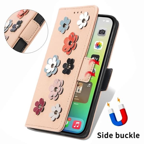 iPhone 14 Pro Lompakkokotelo Flower Decor Magnetic - Khaki Beige