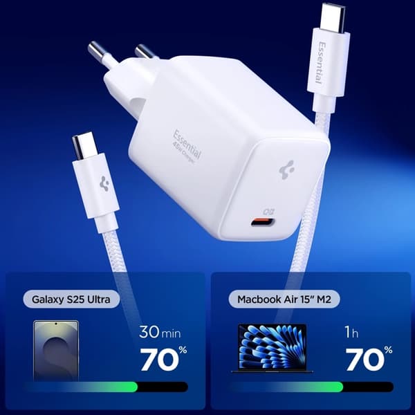 Spigen EE451EU Essential 1-Port Snabbladdare 45W + Typ-C Kabel - Vit Vit