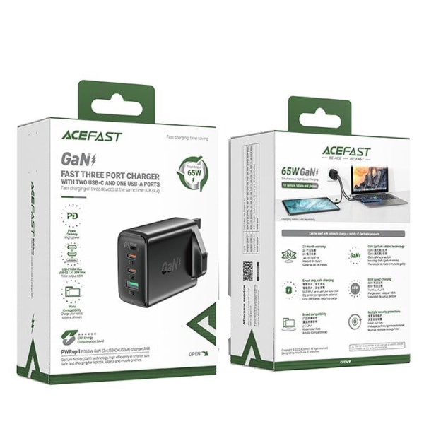 Acefast  UK Väggladdare 65W 1xUSB Till 2xUSB-C - Svart