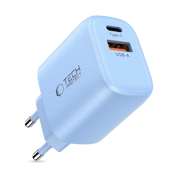 Tech-Protect Vægopladeradapter USB-A/USB-C 20W - Babyblå Blå