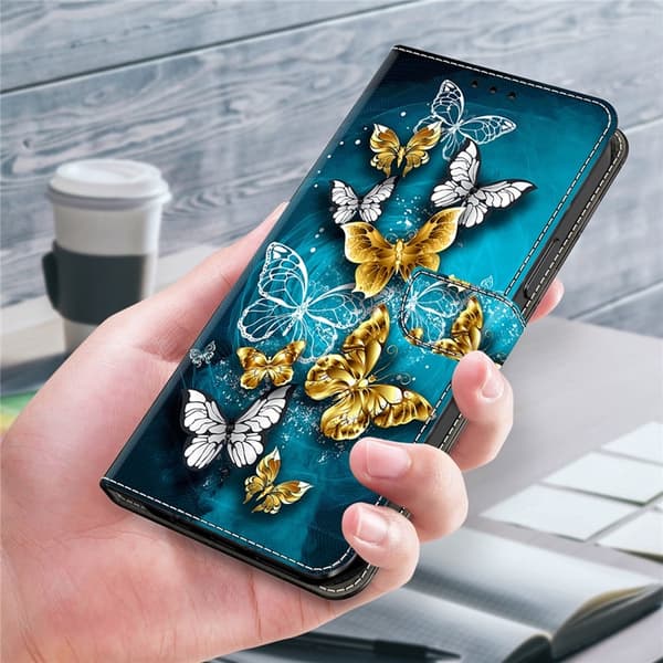 Galaxy A17 5G Konstläder Plånboksfodral Pattern Printing - Gold Butterfly Grön