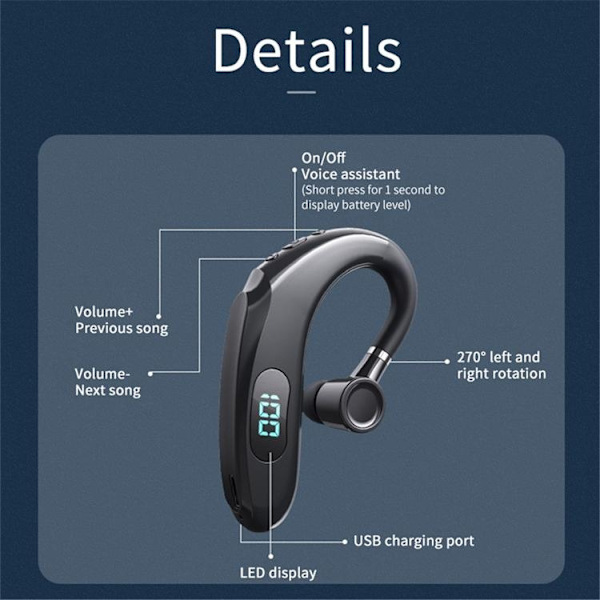 Single In-Ear Hörlur Bluetooth med Digital LED-Display Earhook Q20 - Blå Blå