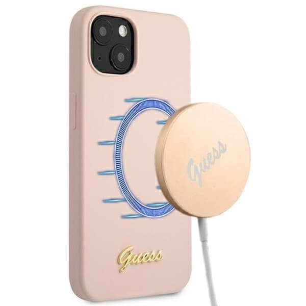 Guess iPhone 13 Skal Magsafe Silicone Script Gold Logo - LjusRosa Rosa