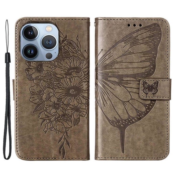 iPhone 14 Pro Max Plånboksfodral Butterfly Flower Imprinted - Gr