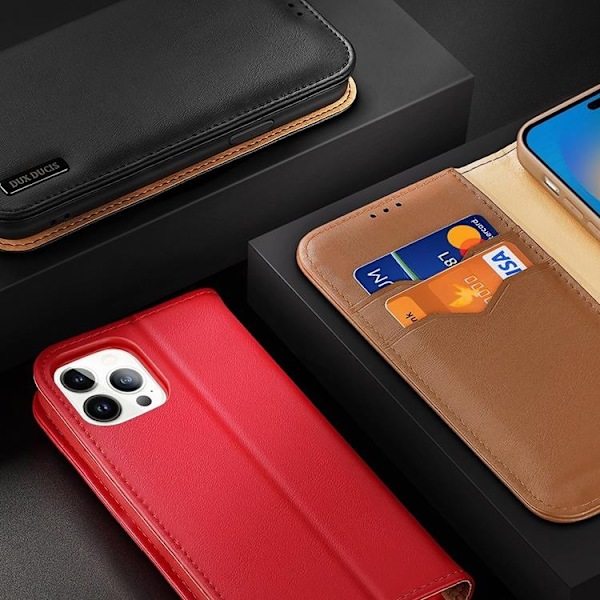 Dux Ducis iPhone 14 Pro Max Plånboksfodral Äkta Läder Hivo Flip - Röd