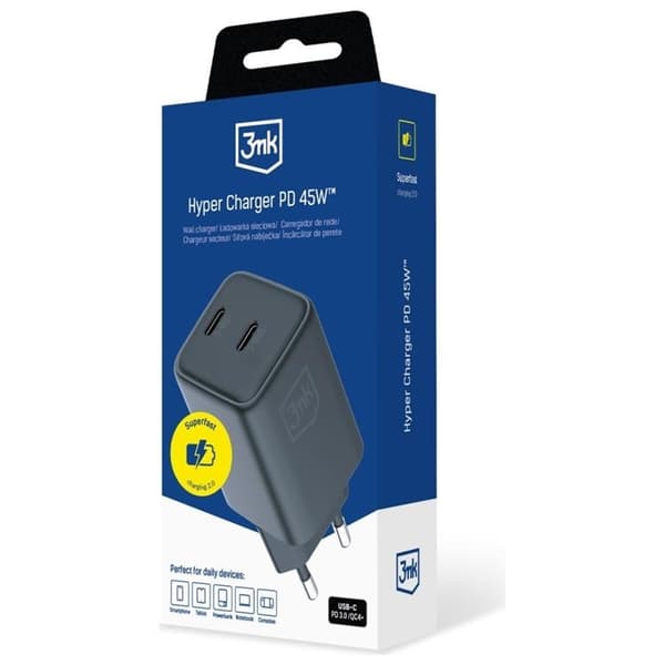 3MK Snabbladdare 45W 2xUSB-C QC4+ PPS 2C Super Fast - Svart Svart
