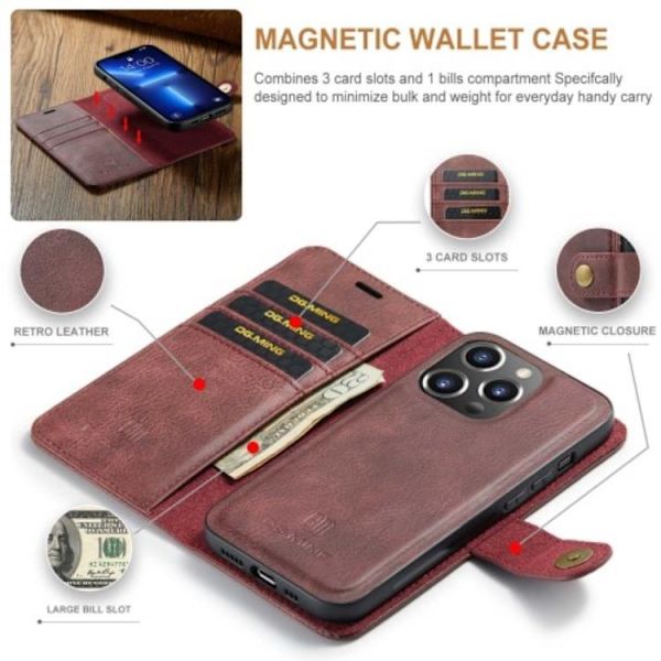 DG.MING iPhone 14 Pro Max Plånboksfodral Split Detachable Flip - Röd
