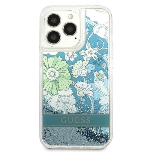 Guess iPhone 13 Pro Cover Flower Liquid Glitter - Grøn Grön