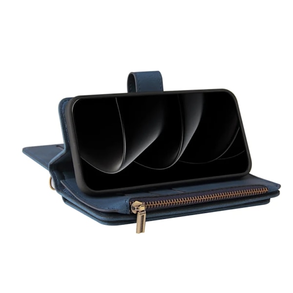 iPhone 17 Pro Konstläder Plånboksfodral Zipper Rem Blå
