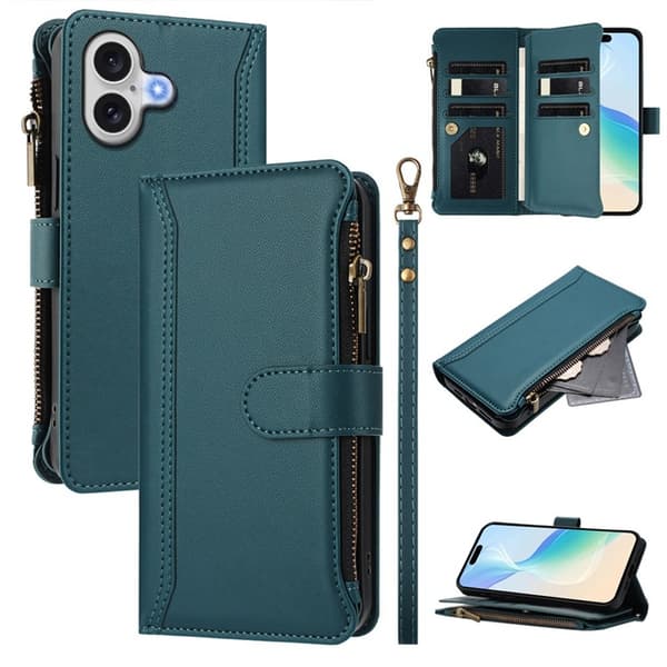 iPhone 17 Plånboksfodral Zipper Med Rem - Mörkgrön Grön