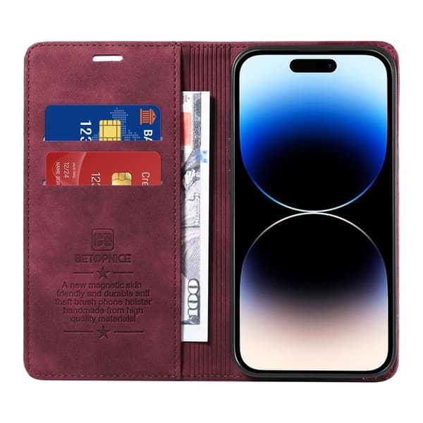 BETOPNICE 003 Mobilskal till iPhone 15 Pro RFID-Skydd KonstLäder - Röd