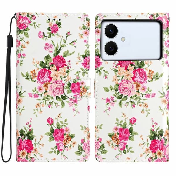 Samsung Galaxy S26 Edge Plånboksfodral Konstläder Ställ Röda Blommor