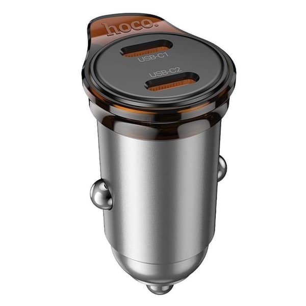 HOCO Biloplader 2x USB-C 45W PD QC 3.0 NZ16B - Metal Grå Grå