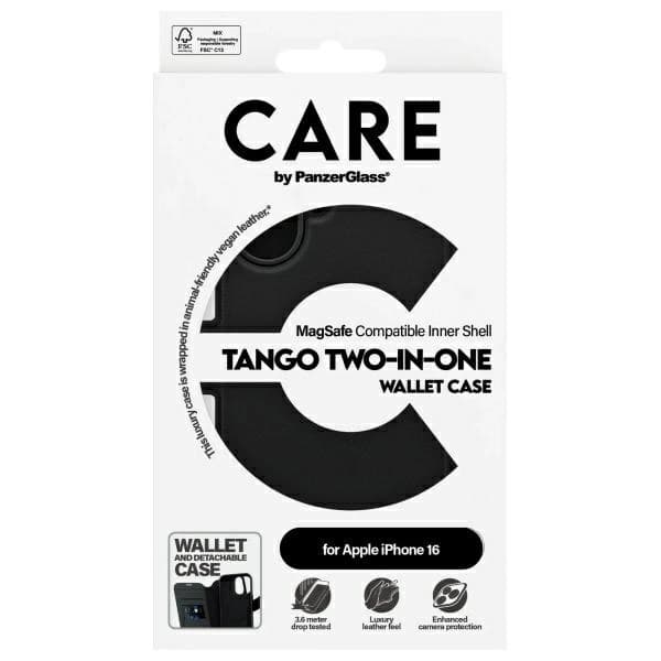 CARE By PanzerGlass iPhone 16 Plånboksfodral MagSafe Tango 2in1 Svart