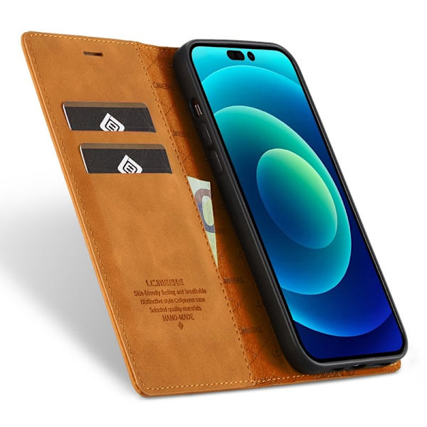 LC.IMEEKE iPhone 15 Pro Plånboksfodral i Konstläder- Brun