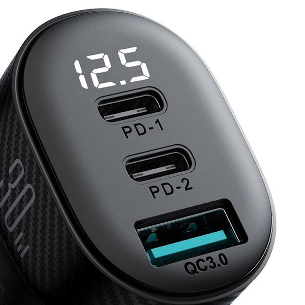 Joyroom Billaddare 30W 2x USB-C USB-A med Display - Svart Svart