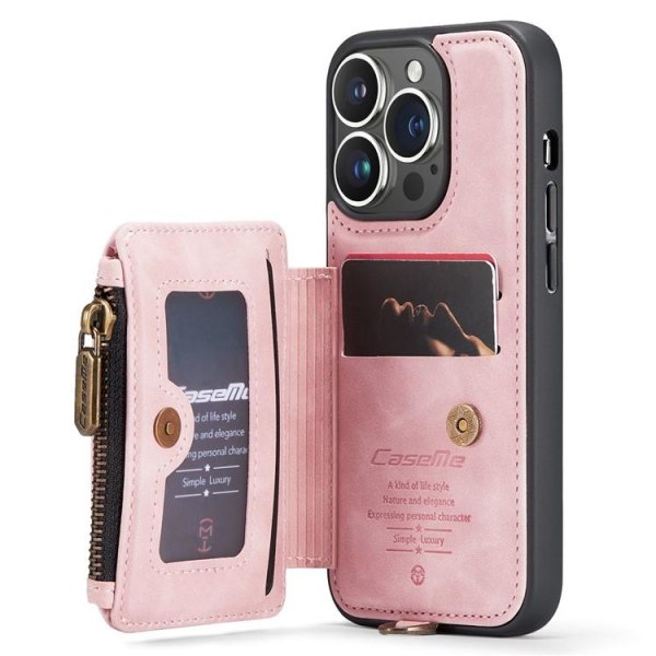 CASEME iPhone 14 Pro -lompakkokotelo C20 vetoketjullinen jalusta - vaaleanpunainen