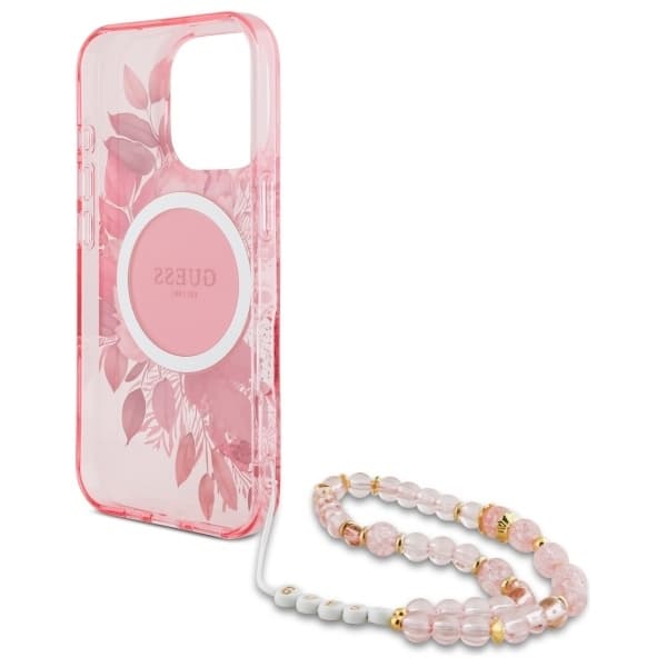 Guess telefontaske til iPhone 16 Pro MagSafe IML blomster med perlerem - lyserød Rosa
