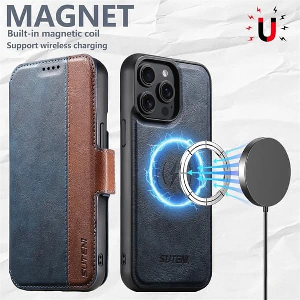 SUTENI iPhone 16 Pro Max Plånboksfodral Magsafe Konstläder - Blå Blå