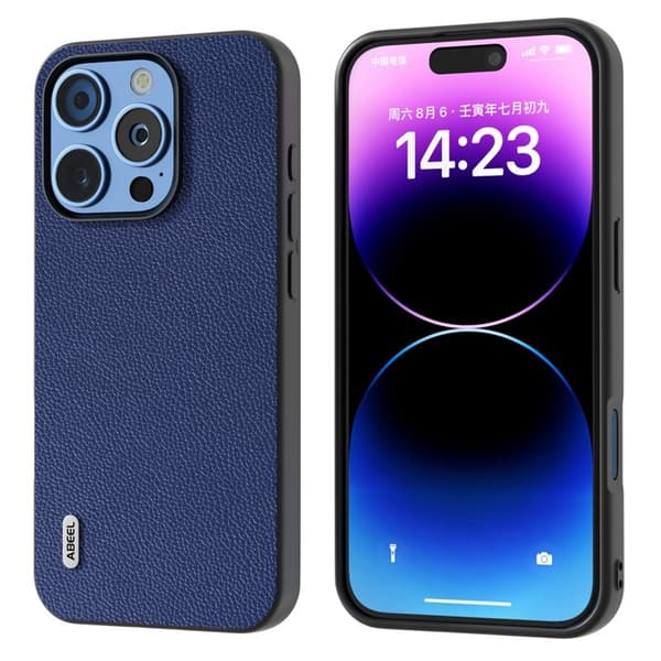 ABEEL Mobilskal till iPhone 16 Pro Max Litchi Textur Äkta Läder Blå