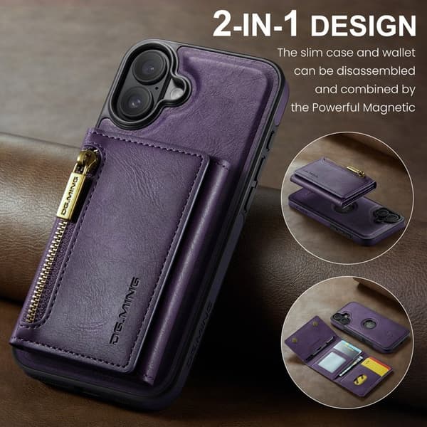 DG.MING M5 Series Mobilskal till iPhone 16 Plus Konstläder Magnetiskt Lila