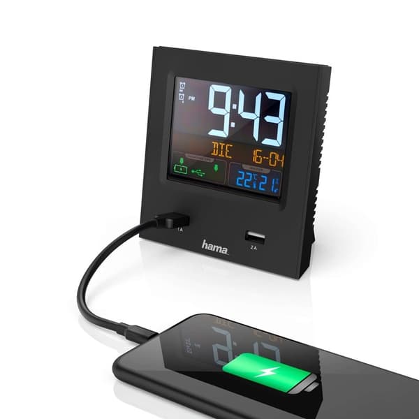 HAMA Väckarklocka Dual-USB USB-laddning Svart