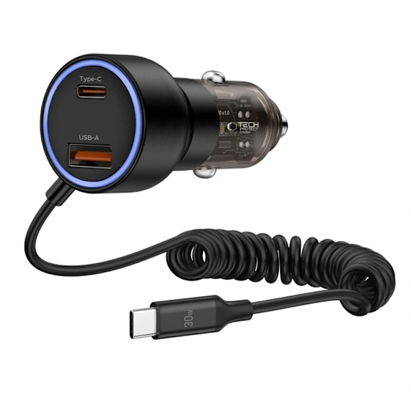 Tech Protect biloplader USB-C til USB-A 60W med USB-C kabel - sort Svart