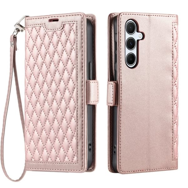 Samsung Galaxy S26 Plus Plånboksfodral Konstläder Rhombus Textur - Roséguld