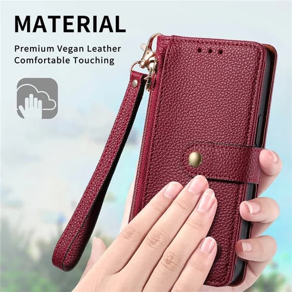 iPhone 17 Pro Max Konstläder Plånboksfodral RFID-Skydd Zipper med rem - Röd