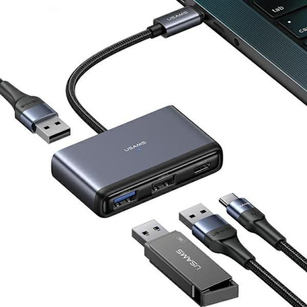 USAMS 4i1 Adapter Hub USB-C 2xUSB 2.0. USB 3.0 - Grå Grå