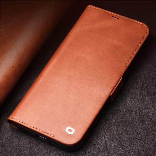 QIALINO iPhone 12 mini Plånboksfodral Äkta Läder Magnetisk Brun