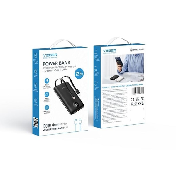 VEGER Powerbank 10000 mAh Type C / Lightning 22.5W C11 - Svart