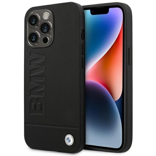 BMW iPhone 14 Pro Max Skal Läder Stamp - Svart Black