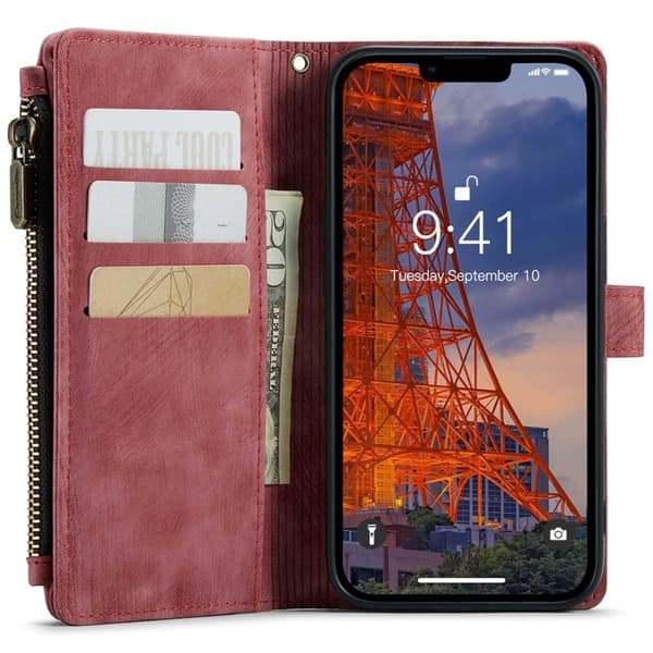 CASEME C30 Plånboksfodral för iPhone 14 Plus med Rem Röd Konstläder