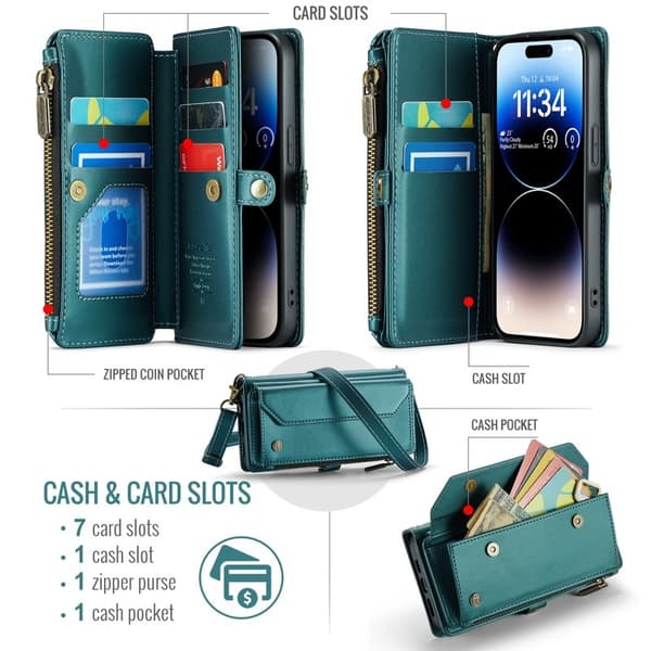 CASEME Plånboksfodral Konstläder för iPhone 14 Pro med kortfack - Grön