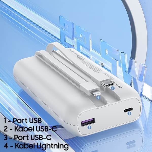 Awei Powerbank 20000mAh 22.5W m/USB-C/Lightning Kabel - Sort Black