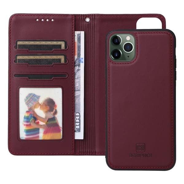 BETOPNICE iPhone 11 Pro Max Plånboksfodral - Detachable Konstläder- Vinröd