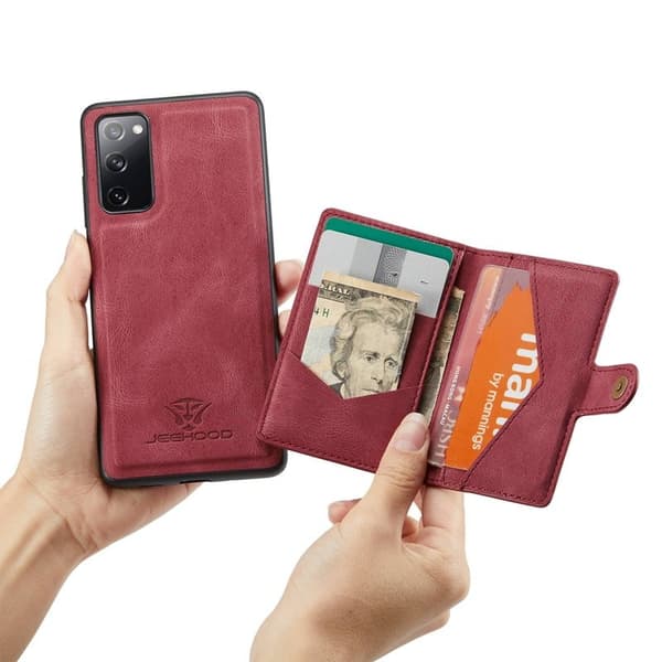 JEEHOOD Samsung Galaxy S20 FE Konstläder Plånboksfodral 2-i-1 Röd