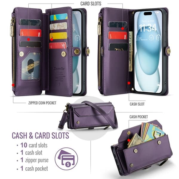CASEME Plånboksfodral Konstläder för iPhone 15 Plus med kortfack - Lila