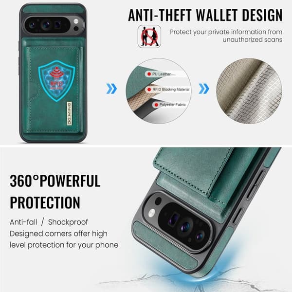 DG.MING M6 Series Konstläder Plånboksfodral för Google Pixel 9 Pro XL - Grön