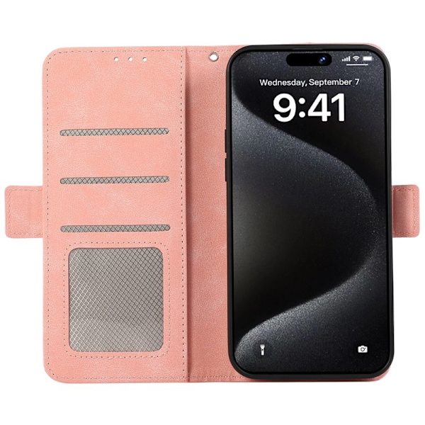 ABEEL iPhone 15 Pro Max Plånboksfodral Konstläder Ställ RFID Skydd - Rosa
