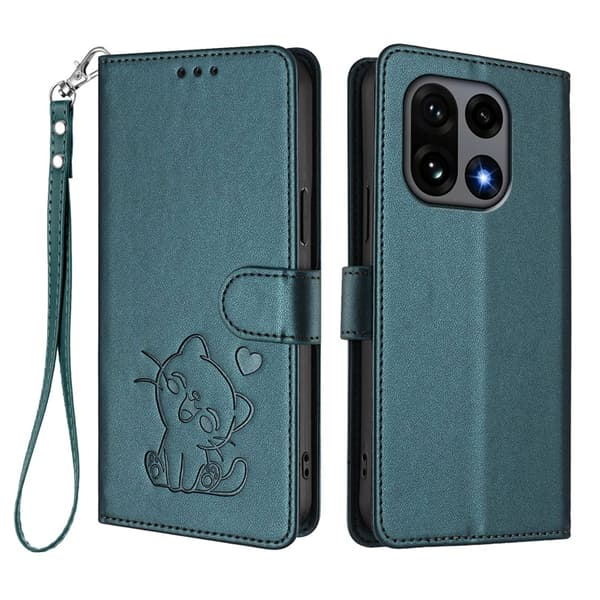 OnePlus 15 5G Konstläder Plånboksfodral Love Cat Pattern Imprint Grön