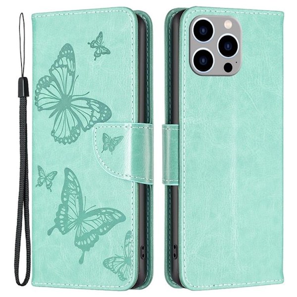 iPhone 14 Pro Max Plånboksfodral Butterflies Imprinted - Turkos