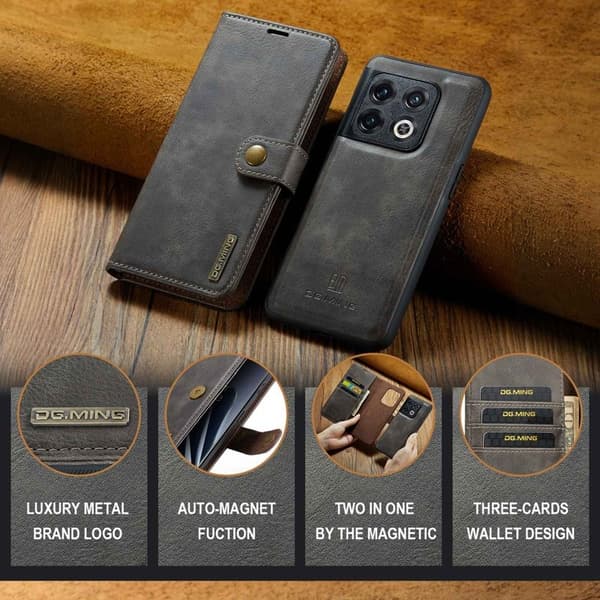 DG.MING OnePlus 10 Pro 5G Plånboksfodral Äkta Läder, Stötabsorberande, Grå