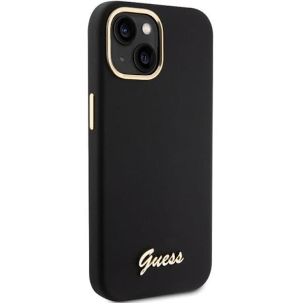 Guess Mobilskal till iPhone 15 Silikon Script Metal Logo Frame Svart