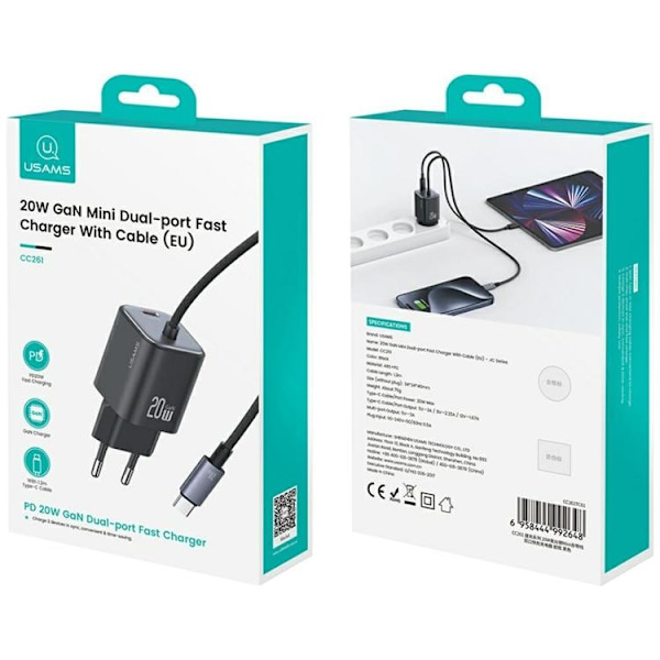 USAMS Hurtigoplader 20W 2xUSB-C GaN Mini JC - Sort Svart