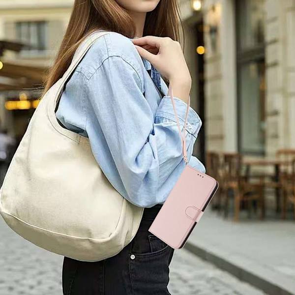 iPhone 16 Pro Max Plånboksfodral Läder med Handledsrem - Rosa Rosa