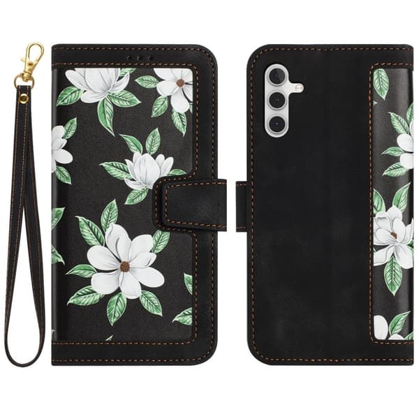 Mobilskal till Samsung Galaxy S26 Plus PU Läder Blommönster - Svart