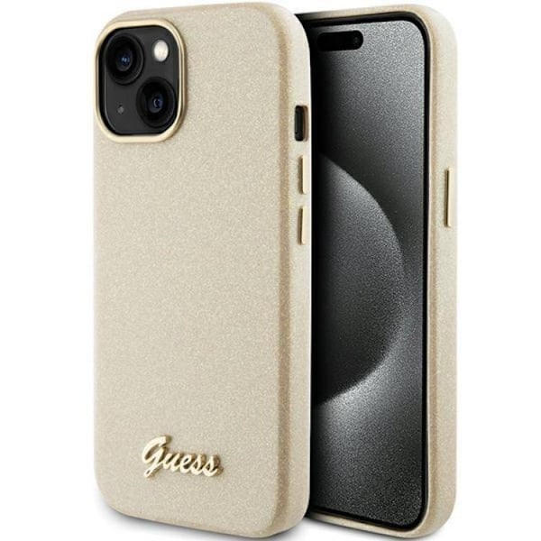 Guess Mobilskal till iPhone 15 Glitter Glossy Script - Guld Guld