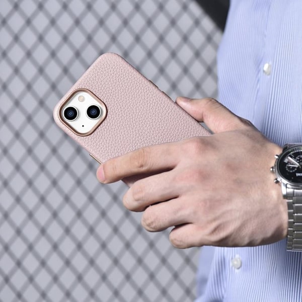 iCarer iPhone 14 Plus Skal Magsafe Äkta Läder Litchi Premium - Rosa